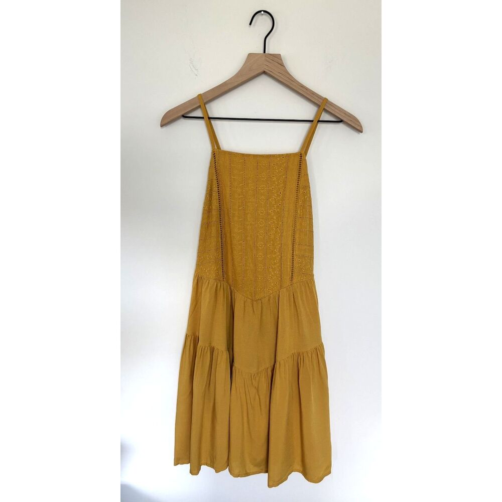 Wild Fable Mustard Yellow Spaghetti Strap Dress Floral Lace Front NWT Size S